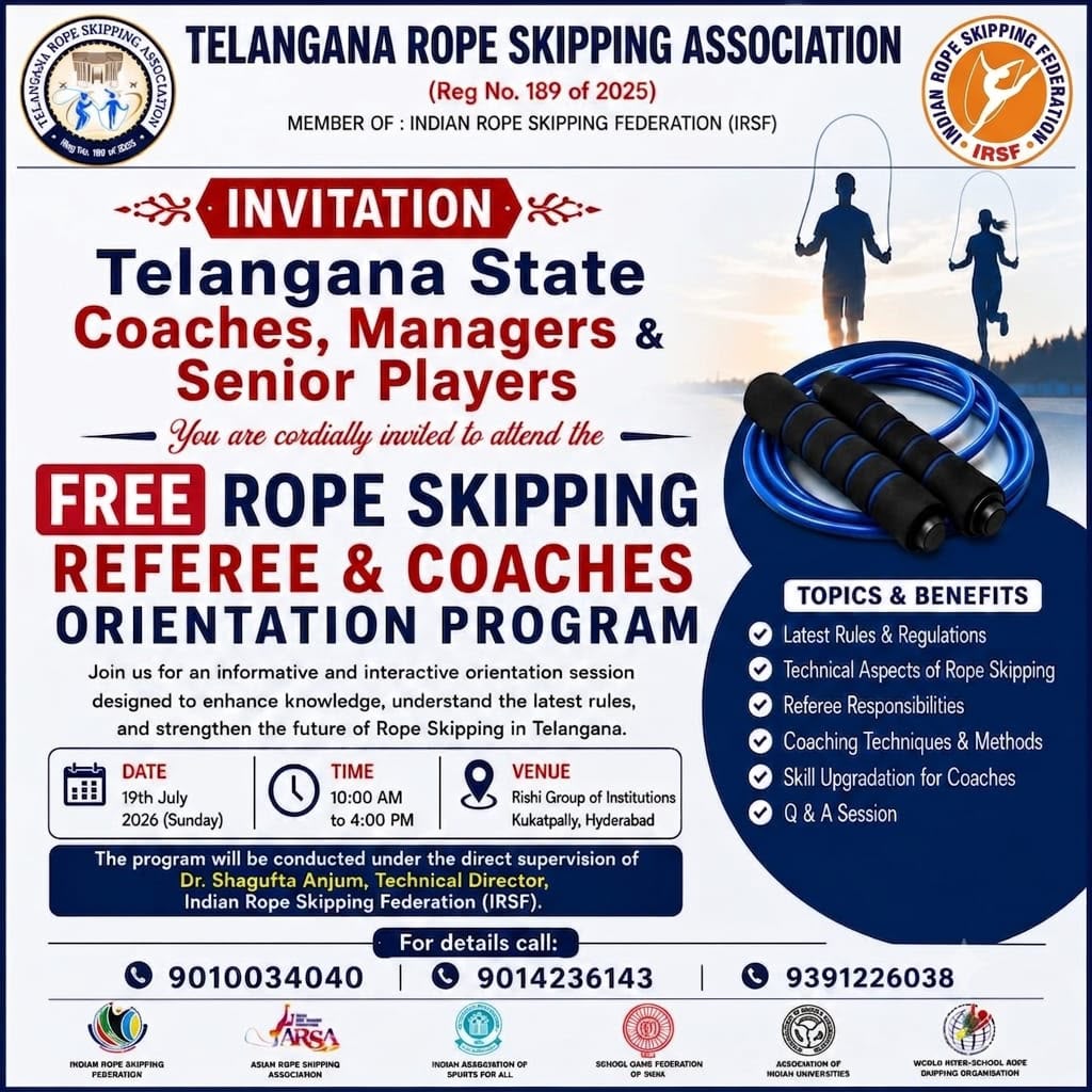 Telangana Rope Skipping Association Organizes Free Referee & Coaches Orientation Program 2026 in Hyderabad