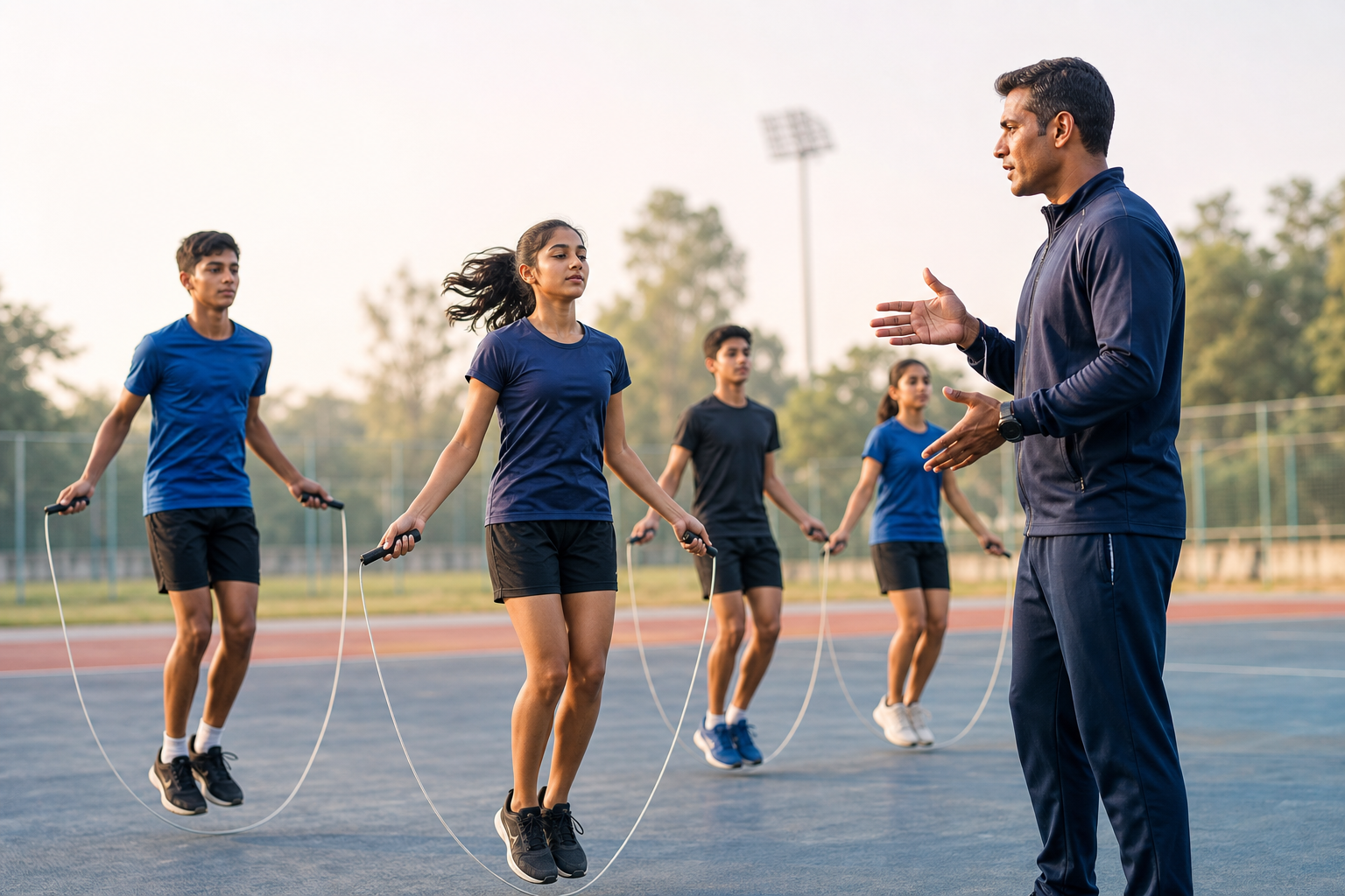 Rope-skipping coach guiding athletes during a structured training session / संरचित प्रशिक्षण में खिलाड़ियों का मार्गदर्शन करते रोप स्किपिंग कोच
